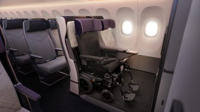Air 4 All seat on a Delta plane with a wheelchair in place