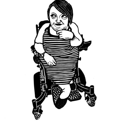 A portrait of Stella Young in black and white, one of the pieces in the Practicing Our Pride, Remembering Our Ancestors exhibit