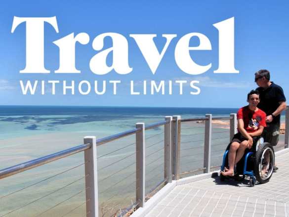 Travel Without Limits logo imposed over an image of Braeden and Hubby on a beach boardwalk in Western Australia